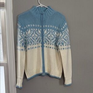 Vintage St. John’s Bay Petite P/M Zip-Up Cardigan Sweater, Blue & White Medium